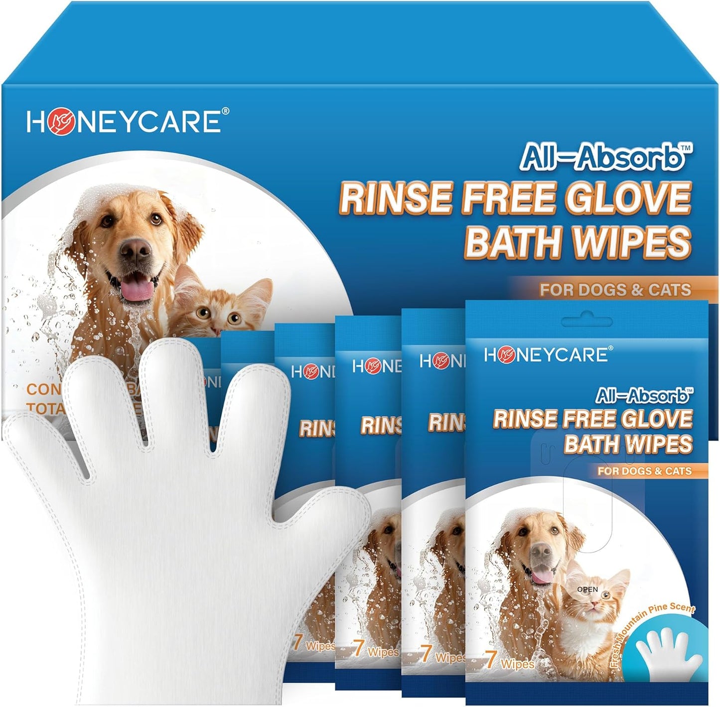 HONEY CARE All-Absorb Disposable Pet Grooming Gloves Wipes for Dogs & Cats Fur Deodorizing & Cleaning (7 Gloves/Pack, 6 Packs, 42 Wipes Total)