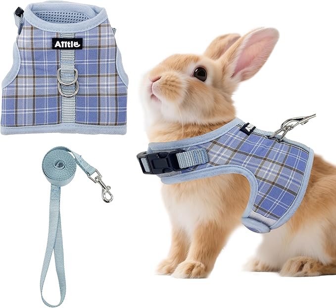 AIITLE Bunny Harness and Leash Set Escape Proof - Magic Tape Design, Lightweight Plaid Pattern Mesh Padding, No Choke No Pull for Puppy Cat Rat Squirrel Ferret, Outdoor Walking Running, Blue S