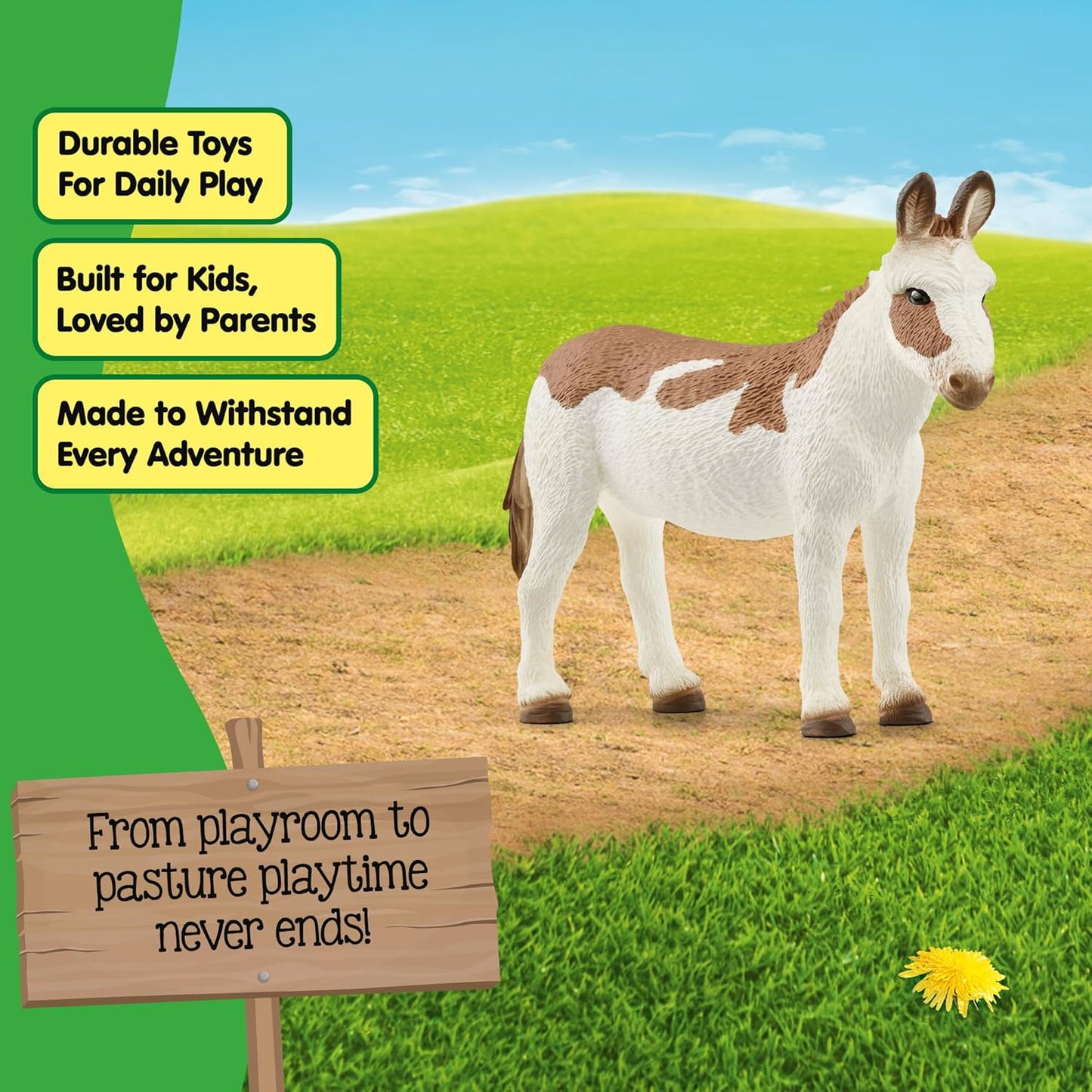 Schleich Farm World American Spotted Donkey Animal Figurine - Highly Detailed and Durable Farm Animal Toy, Fun and Educational Play for Boys and Girls, Gift for Kids Ages 3+, Multicolor, 2.5 inch