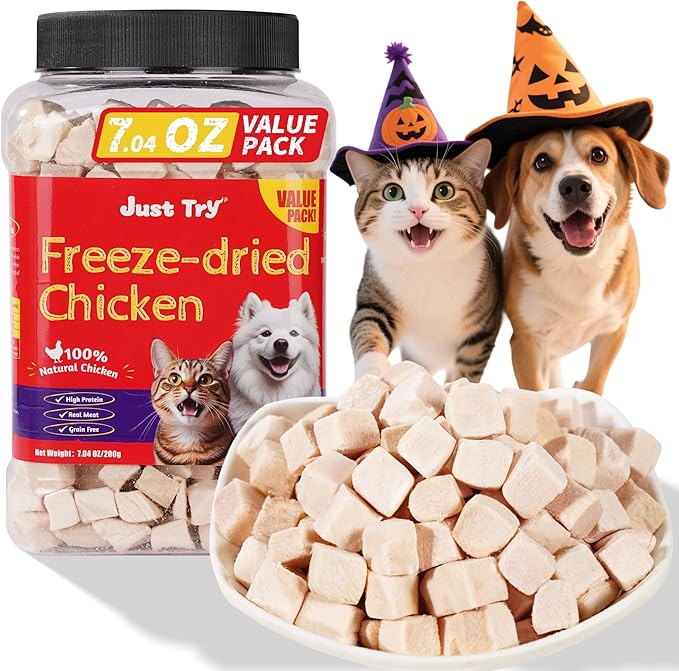 Just Try 7.05 oz Freeze Dried Chicken Cat & Dog Treats Food Topper Raw Single Ingredient High Protein Grain Free Healthy Dog Training Treats