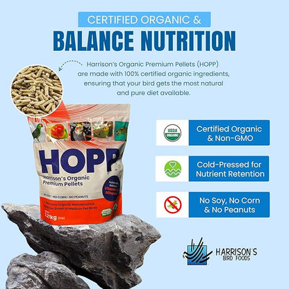 Harrison's Bird Foods HOPP Premium Pellets – Organic, Nutritionally Balanced Food for Small to Medium Pet Birds, Cold-Pressed, Low Fat, Vet-Developed, 5LB