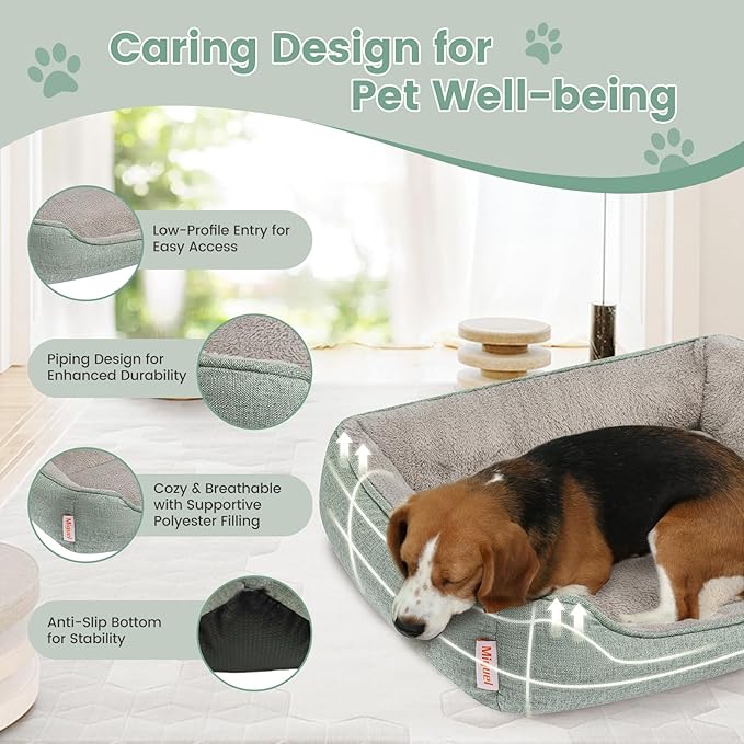 Miguel Faux Linen Dog Bed with Removable Cushion Pillow for Medium Small Dogs, Washable Pet Bed with Side Easy to Wash Puppy Bed, Rectangle Cat Bed for Indoor Cat with Anti-Slip Bottom, Green 30 Inch