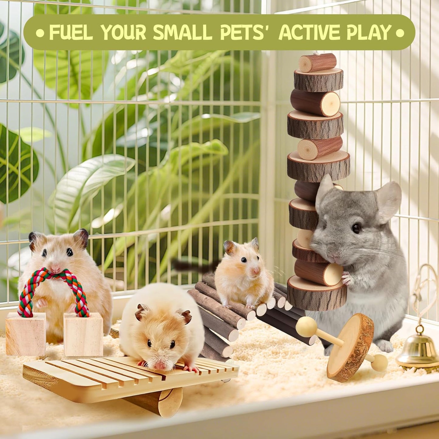 20 PCS Hamster Chew Toys Set, Natural Apple Wood Guinea Pig Toys, Hamster Cage Accessories Include Bridge, Seesaw, Carrot, Timothy Straw Stick Dental Care for Rat Gerbil Chinchilla Rabbits