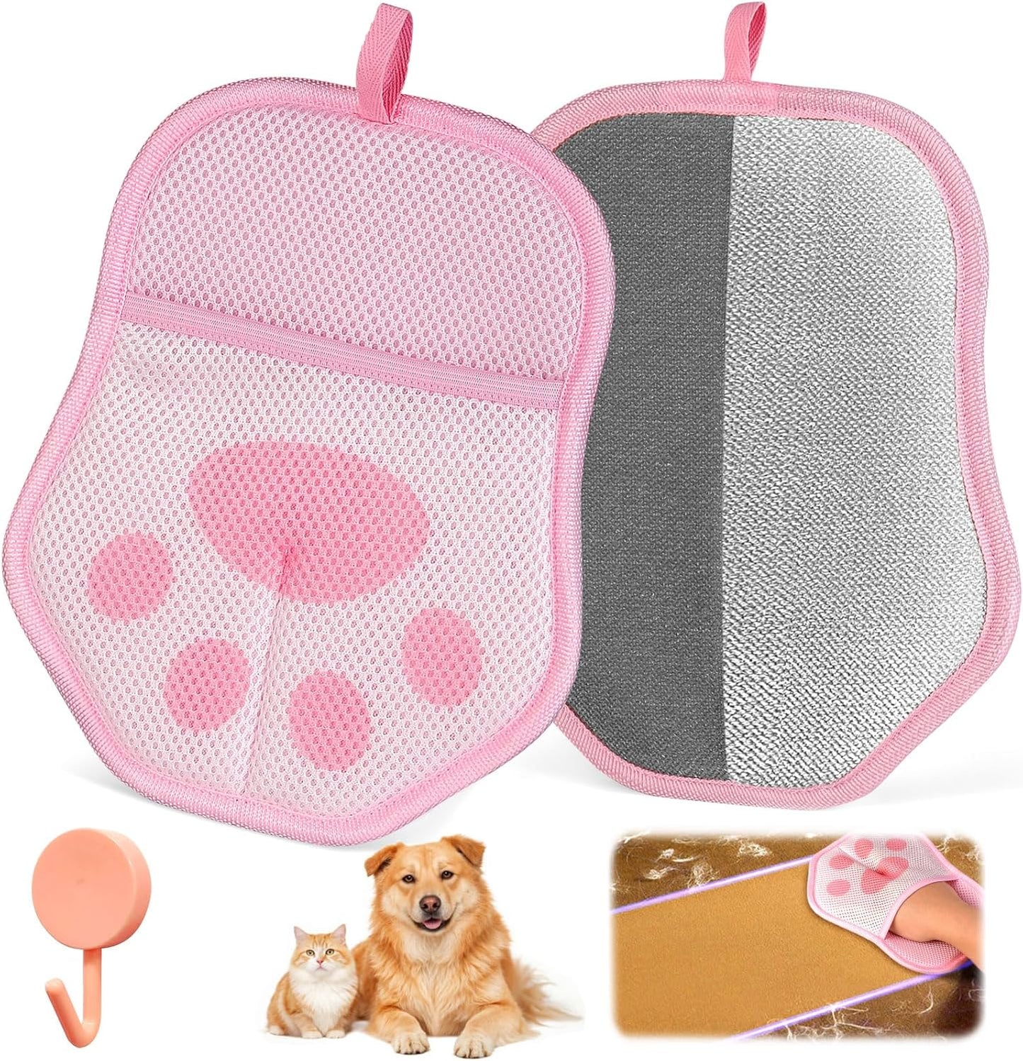 Pet Hair Removal Gloves for Cats & Dogs, 1 Pcs With Hanging Hooks, size 9.8 x 7.87 x 0.5 in, Reusable Electrostatic Pet Hair Gloves, Pet Hair Glove for Clothes, Sofas, Carpets, Car Seats (Pink)