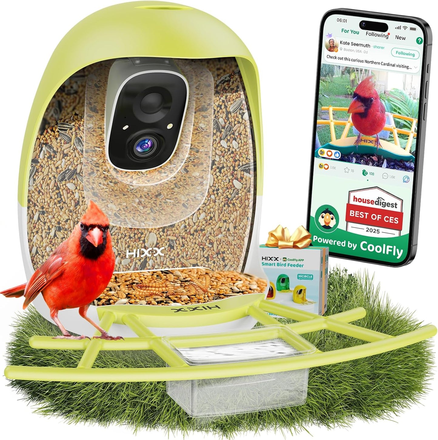 HIXX Smart Bird Feeder with Camera, Lifetime Free AI Identify Birds & Auto Capture, 2K HD Live Camera Birdwatching with Color Night Vision for Bird Lovers Gifts (Spring Green)