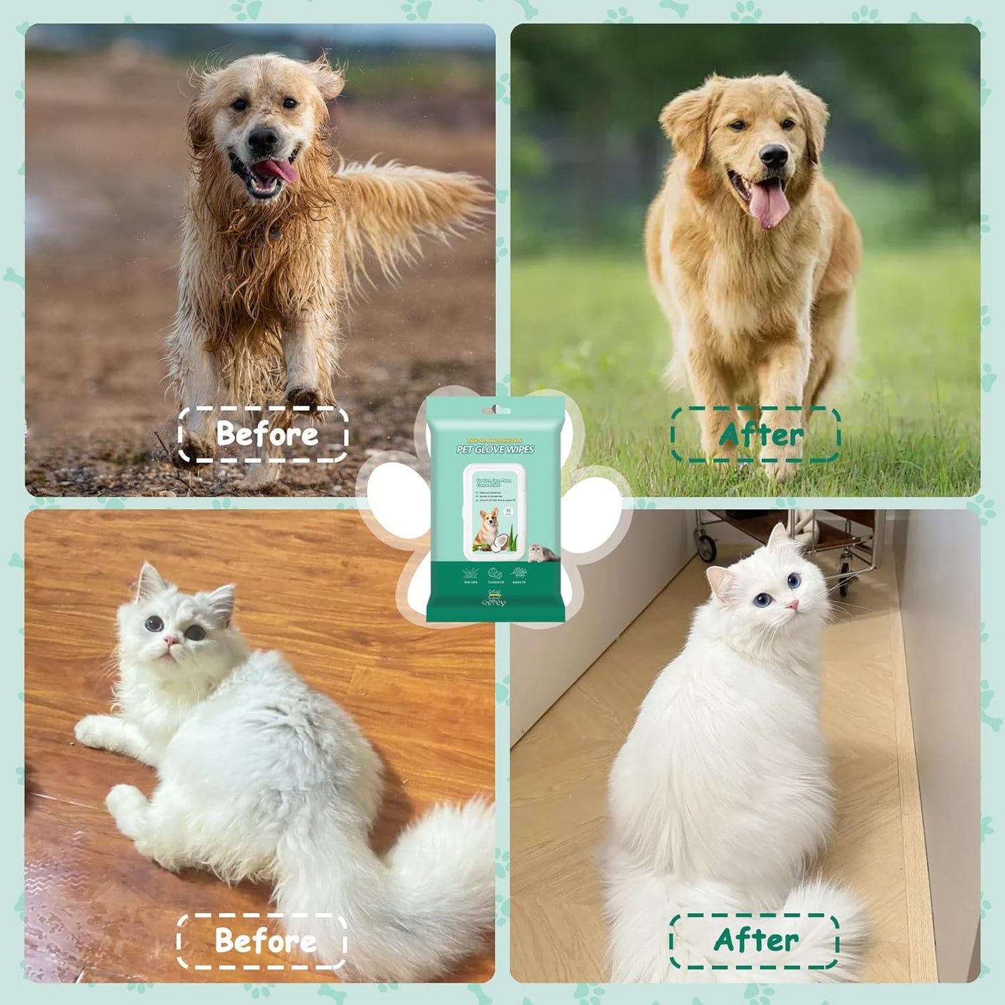 20 PCS Pet Cleaning and Deodorizing Bathing Grooming Glove Wipes for Dogs and Cats, Extra Thick Nourish Fur No-Rinse Grooming Wipes for Daily Care and Travel, Hypoallergenic