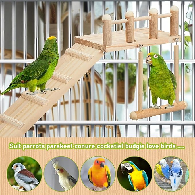 Bird Swing for cage Parakeet Parrot Swing Wood Hemp Rope Ladder Toy Play Gym Hanging Swing Parrot Perch Hammock Toy for Budgerigar Conure Cockatiel mynah Finches Small Medium Breeds 10pcs