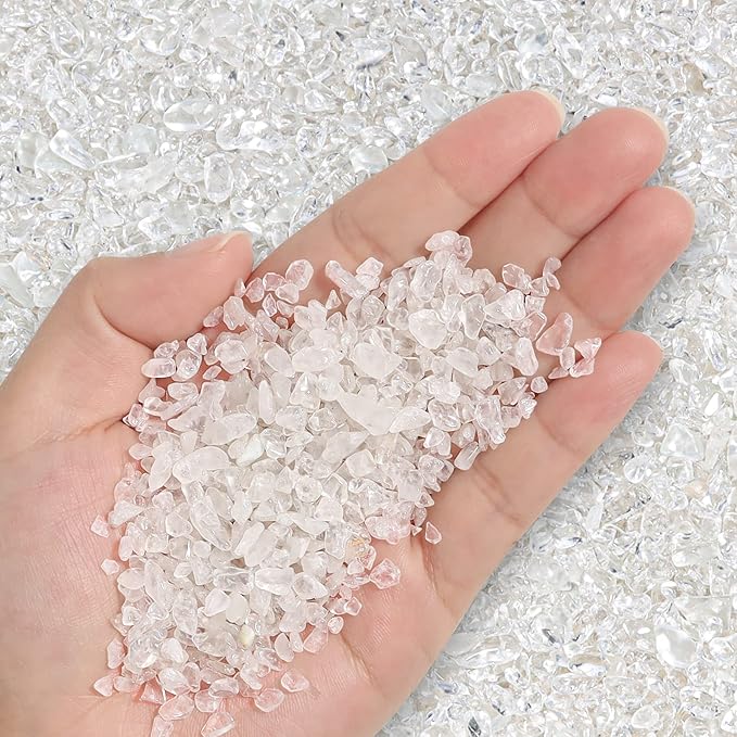 T4U Tumbled Chips Stones Crushed Crystal Quartz 1 LB, Irregular Shaped Gravels Pebbles Healing Stones, DIY Smoothed Rocks for Potted Plant,Resin Art,Vase Fillers Aquarium Gravel Rocks (Clear)
