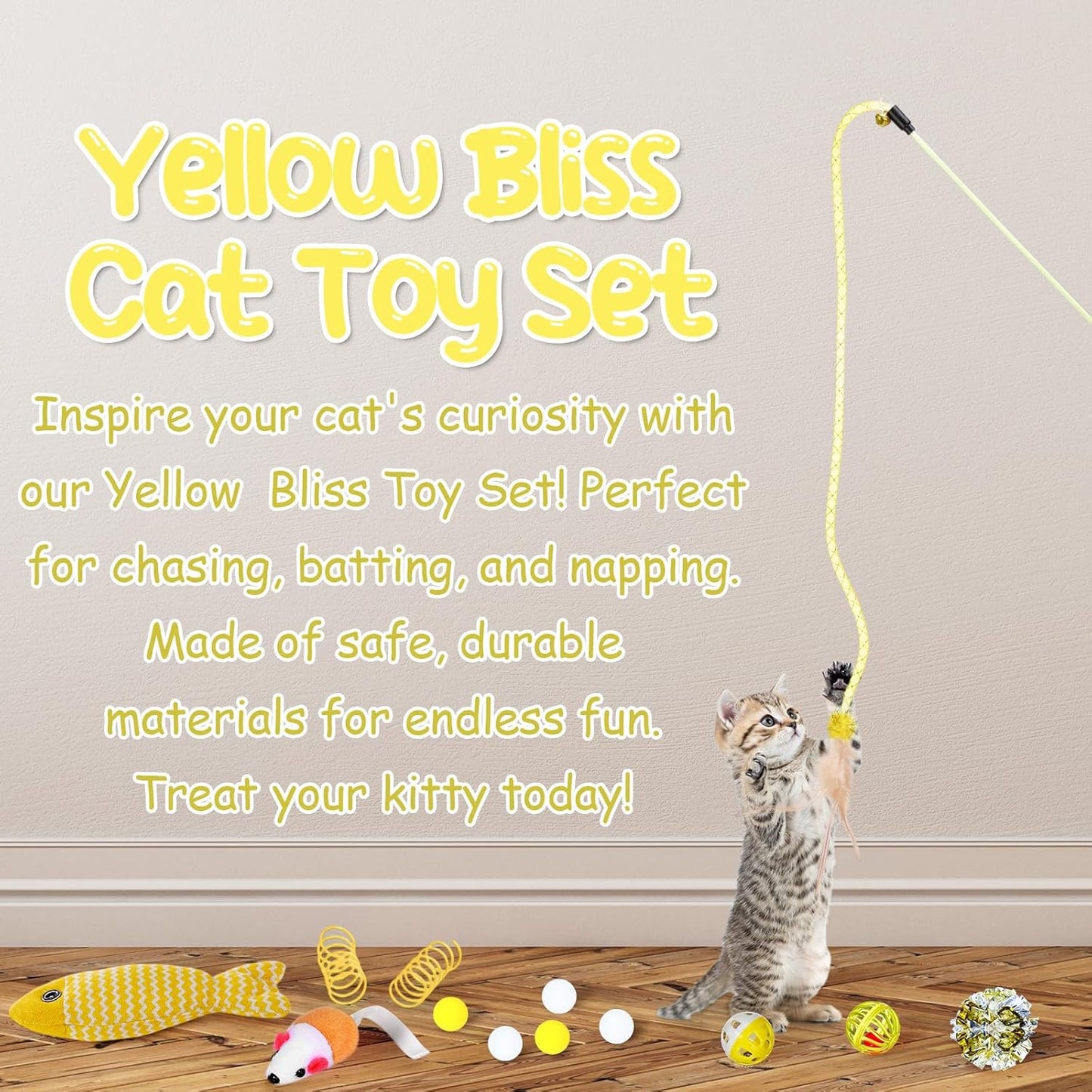 24 Pcs Cat Toys Set Interactive Kitten Toys Pack Including Collapsible Play Tunnel Feather Teaser Wand Fuzzy Ball Springs Pillow Mouse Bells for Indoor Cats Puppy (Yellow,Cute)