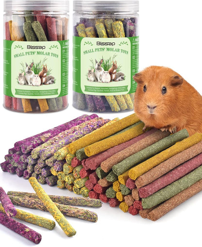 Bissap 72 PCS Rabbit Chew Sticks, Natural Timothy Hay Pumpkin Sugar Beet Carrot Strawberry Rose Dahlberg Daisy Forget-me-not Flower Treat for Bunny Chinchilla Guinea Pig Hamster Small Pet Molar Snack