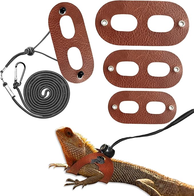 Lizard Adjustable Harness Leash,Bearded Dragon Harness Leash Set for Guinea Pig,Chameleon and Other Small Animal,Outdoor Used (Leather, Brown)
