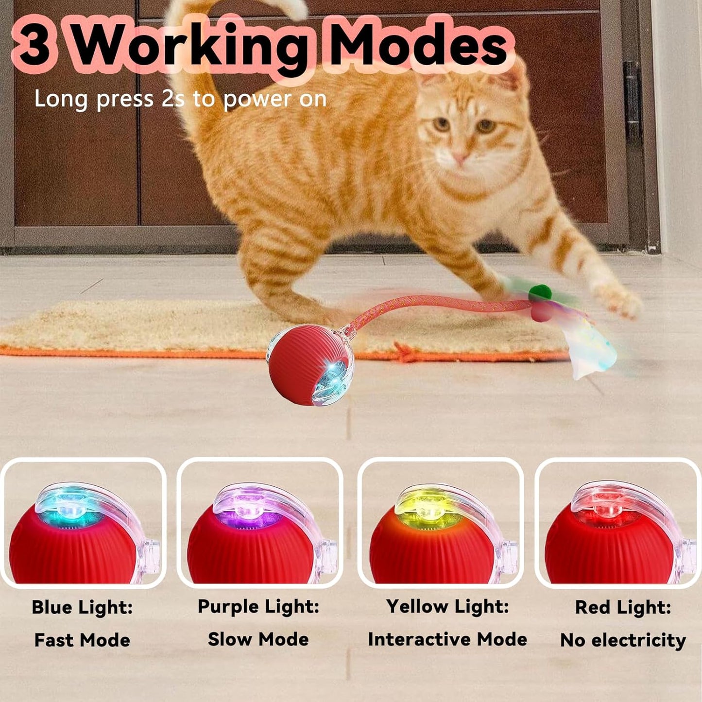 2 Packs Interactive Cat Toys for Indoor Cats, Automatic Cat Toy with Elastic Mesh Tail, Electric Rolling Ball on Carpet, Chirping and Motion Activate Cat