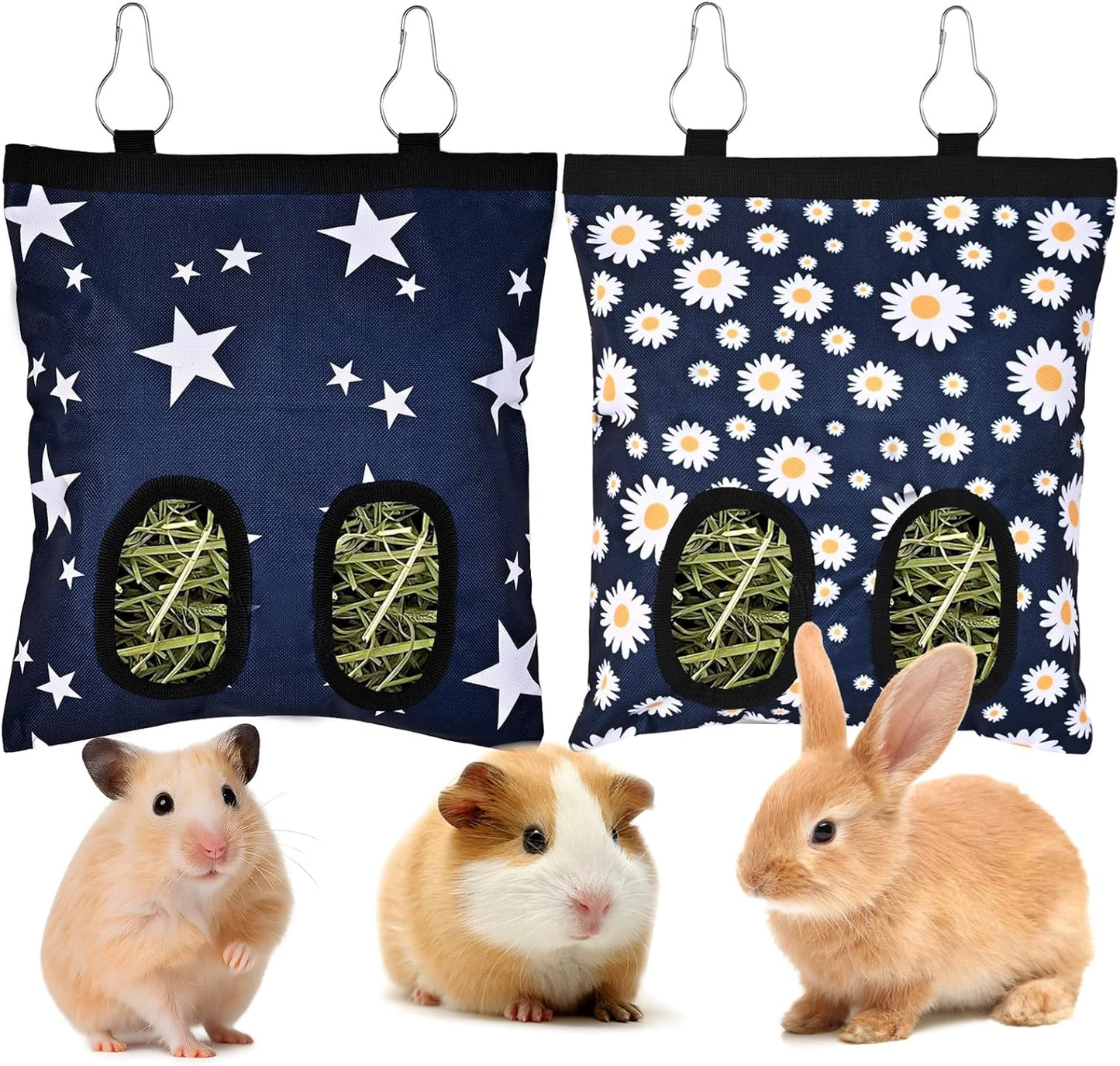 Upgraded Rabbits Hay Feeder Bag for Bunny, Guinea Pigs, Chinchillas - Hanging Washable 2-Hole Hay Dispenser with 600D Oxford Fabric, Small Animal Cage Accessories (Star＋Daisy)