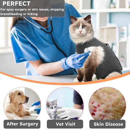 Cat Recovery Suit for Spay Abdominal Wounds, Kitten Onesie Bodysuit for Cats After Surgery, Cat Surgery Recovery Suit Female Cone of Shame Alternative for Cats Anti Licking (Dark Grey,S)