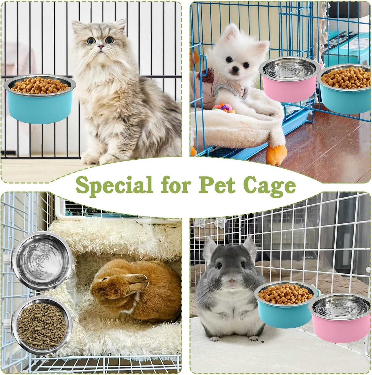 Tfwadmx 4 Pcs Crate Dog Bowl Cat Removable Stainless Steel Food and Water Feeder Hanging Cage Bowls Coop Cup with Cleaning Set for Pet Puppy Bird Rat Guinea Pig Ferret Bunny Rabbit (Light Blue, Pink)