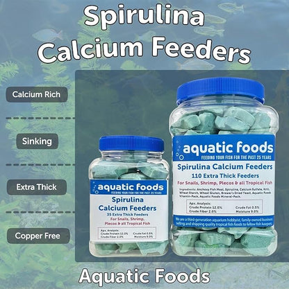 Aquatic Foods Inc. Spirulina Enriched Calcium Feeders for Shrimp, Snails, Crabs, Crayfish, Pleco, Catfish, All Tropical Fish…35 Count Sm Jar
