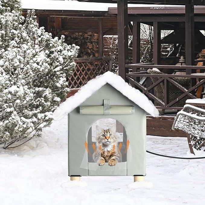 BWOGUE Large Elevated Heated Cat House for Outdoor Cats in Winter, Waterproof & Insulated Feral Cat Shelter for Outside Cats,Weatherproof Feral Cat House for Outside(Large Grey)
