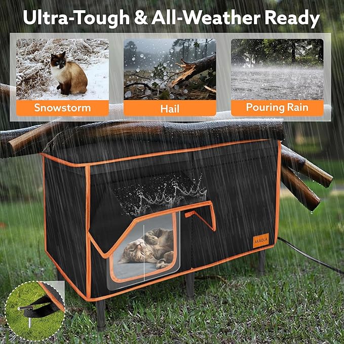 Heated Outdoor Cat House for Outside Winter 100% Waterproof Oxford Tarpaulin with Safe Escape Door and 5" Elevated Base with Heater for Feral Barn Cat Kitty (26“x20”x14“)