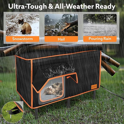 Heated Outdoor Cat House for Outside Winter 100% Waterproof Oxford Tarpaulin with Safe Escape Door and 5" Elevated Base with Heater for Feral Barn Cat Kitty (26“x20”x14“)
