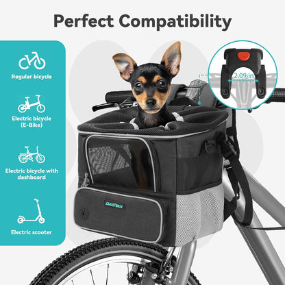 Dog Bike Basket for Small Dogs up to 10lbs, Foldable Pet Carrier with Safety Leash, Mesh Windows, Storage Pockets, Handlebar Quick Release, Backpack & Car Seat Function Grey