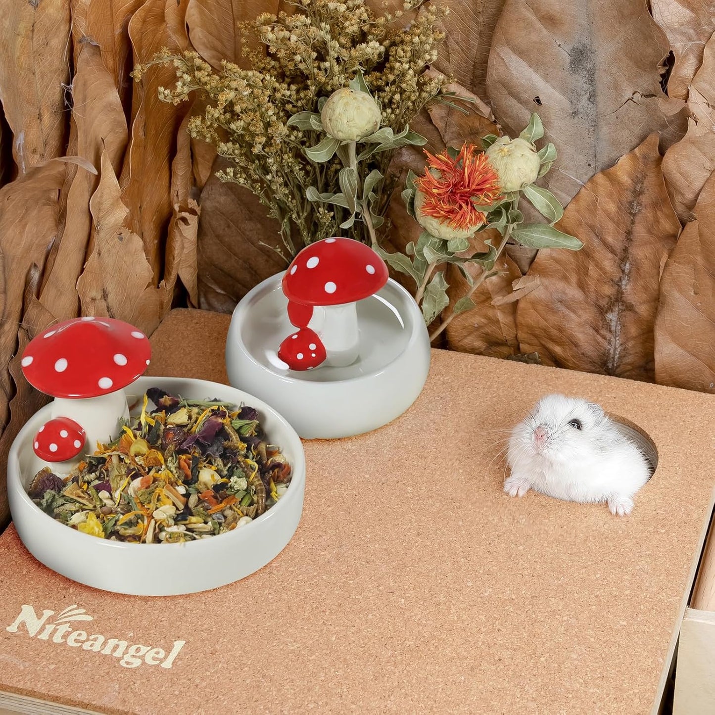 Niteangel Hamster Feeding & Water Bowls- Mushroom Ceramics Series Food Dish Feeding Bowls for Dwarf Syrian Hamsters Gerbils Mice Rats or Other Similar-Sized Small Pets (Water Bowl)