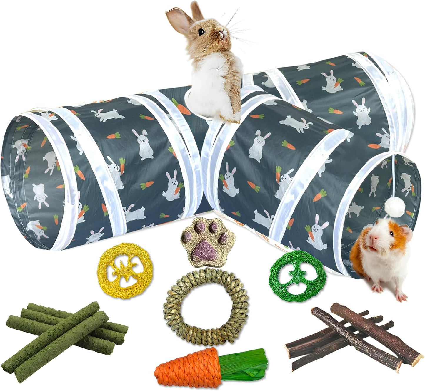 LUCKITTY Rabbit Tunnel Toy, Collapsible 3-Way Hideout Tunnel with Chew Toys for Rabbits, Guinea Pigs, Ferrets, Kittens & Small Pets - Gray & White Bunny Carrot Design Hideout (33"x20"x9.5")
