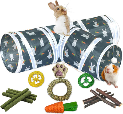 LUCKITTY Rabbit Tunnel Toy, Collapsible 3-Way Hideout Tunnel with Chew Toys for Rabbits, Guinea Pigs, Ferrets, Kittens & Small Pets - Gray & White Bunny Carrot Design Hideout (33"x20"x9.5")