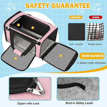 HUANLANG Soft-Sided Cat Carrier Airline Approved,Dog Carriers for Small Dogs Medium Cats,Pet Travel Carrier Up to 20 Lbs,Collapsible Cat Bag