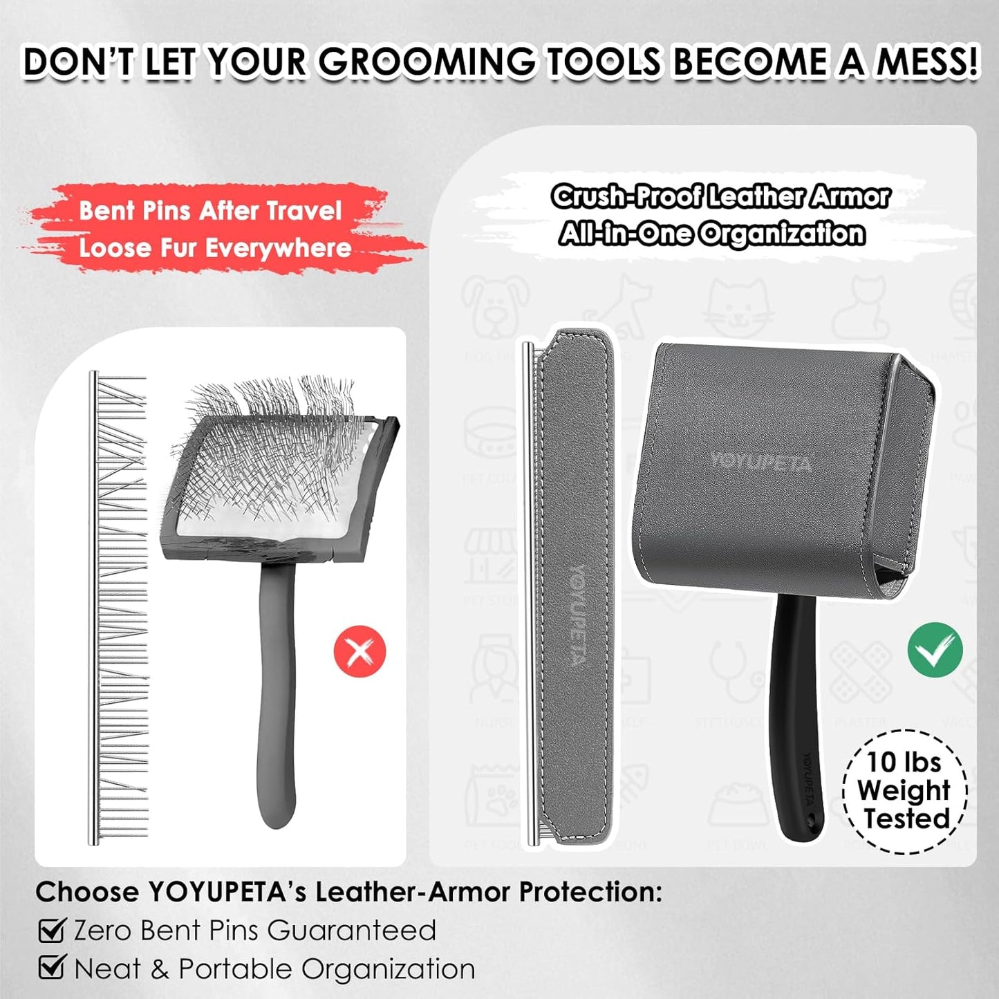 Large Dog Slicker Brush & Comb Set with Leather Sleeves - Long Pin Deshedding Brush for Golden Retrievers, Poodles, Doodles & Thick Coats, Wood Handle Pet Grooming Kit for Dogs, Cats. Black