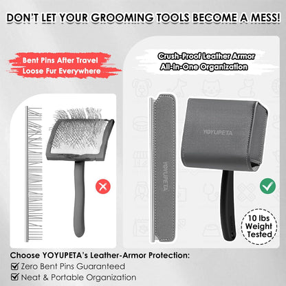 Large Dog Slicker Brush & Comb Set with Leather Sleeves - Long Pin Deshedding Brush for Golden Retrievers, Poodles, Doodles & Thick Coats, Wood Handle Pet Grooming Kit for Dogs, Cats. Black