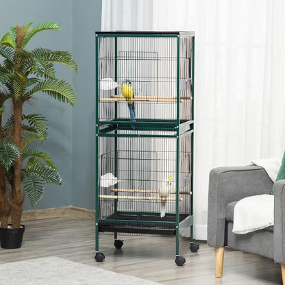 PawHut Large Bird Cage with 1.7 ft. Width for Wingspan, Bird Aviary Indoor with Multi-Door Design, Fit for a Canary, Finch, Conure, 55", Green