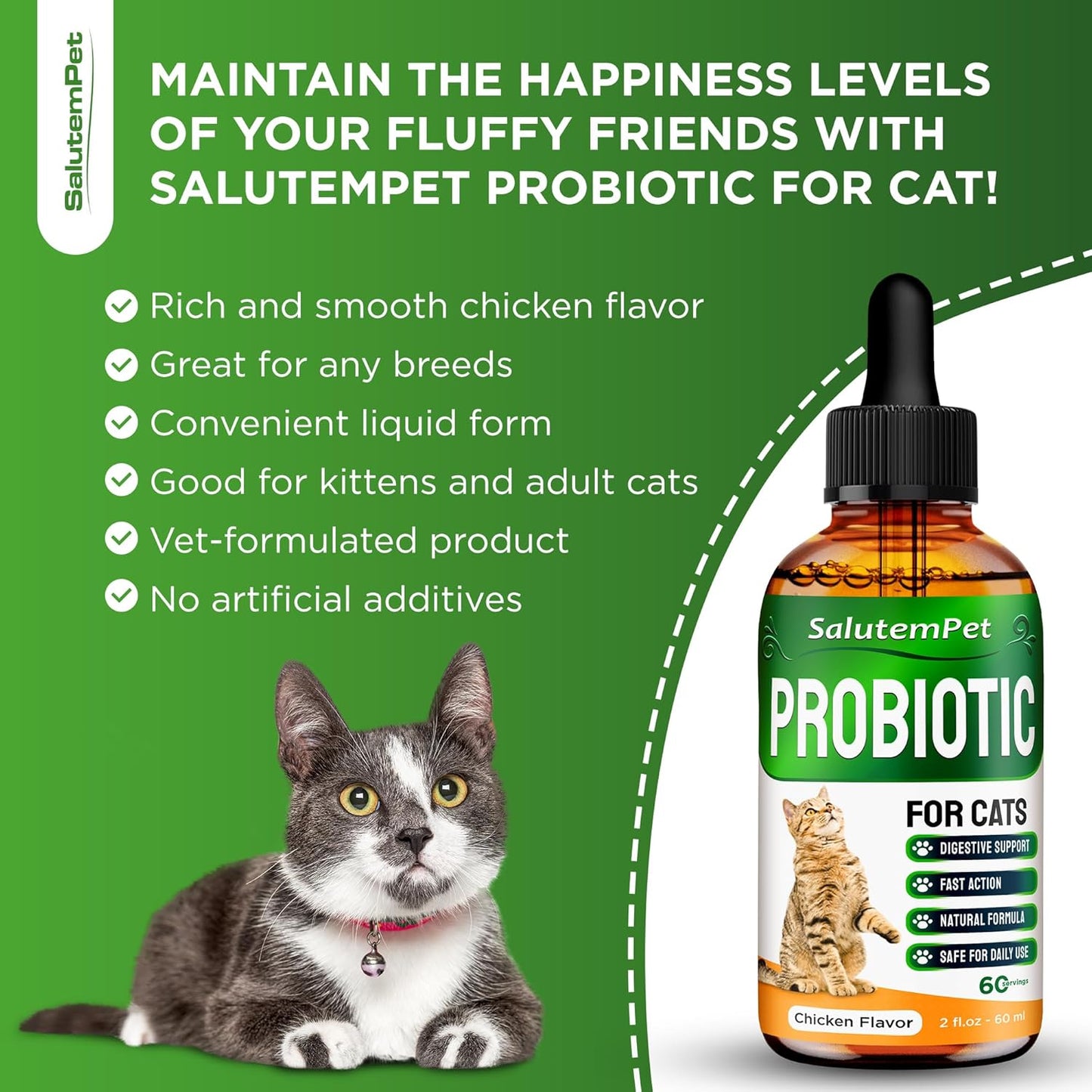 Probiotics for Cats for Digestive Support – Cat Probiotics for Indoor Cats Help with Colic, Upset Stomachs, Diarrhea, Gas, and Bloating – Prebiotics + Pleasant Chicken Flavor Inside – 2 Oz