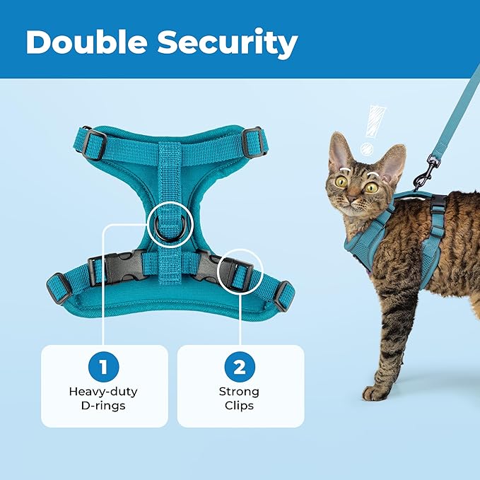 Voyager Escape Proof Cat Harness and Leash Set with Reflective Stitching, Neoprene Handle 5ft - Supports Small, Medium and Large Cats, Kittens for Walking by Best Pet Supplies - Turquoise, S
