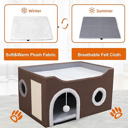 Cat Houses for Indoor Cats - Large Cat Bed Cave with Scratch Pad and Fluffy Ball, Foldable Cat Condo Hideaway with Reversible Cushion for Multi Small Pet，Brown