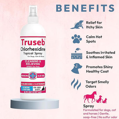 Truseb Topical Ketoconazole and Chlorhexidine Spray for Dogs, Cats, and Horses with Aloe - 8 oz (Ketoconazole & Chlorhexidine Spray, 8 oz)