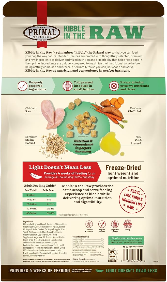 Primal Kibble in The Raw, Freeze Dried Dog Food, Chicken, Scoop & Serve, Made with Raw Protein, Whole Ingredient Nutrition, Crafted in The USA, Dry Dog Food 9 lb Bag