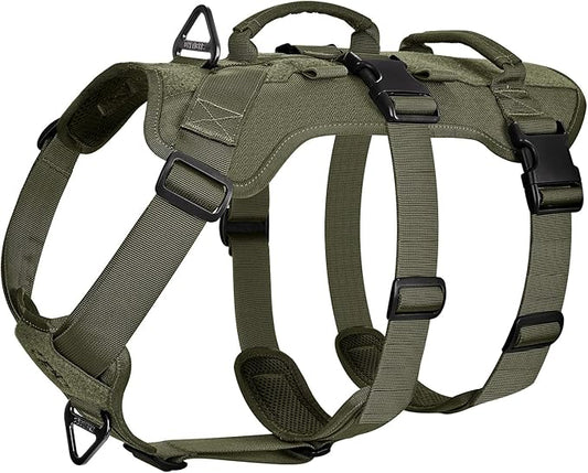 OneTigris Escape Proof Dog Harness, No Pull Dog Harness with Handles, Tactical Multi-Use Support Dogs Harnes for Large Dogs Everyday Wear Walking Hiking Training (Green, Medium)