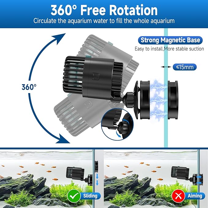 AQQA Magnetic Wave Maker for Aquarium 75-150 Gallon 2110 GPH Water Circulatio Pump Powerhead Fish Tank Wavemaker 360°Rotatable Quiet Operation for Freshwater(12W)