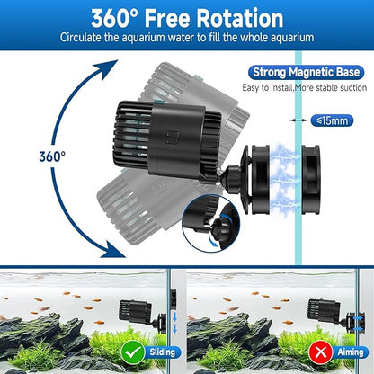 AQQA Magnetic Wave Maker for Aquarium 75-150 Gallon 2110 GPH Water Circulatio Pump Powerhead Fish Tank Wavemaker 360°Rotatable Quiet Operation for Freshwater(12W)