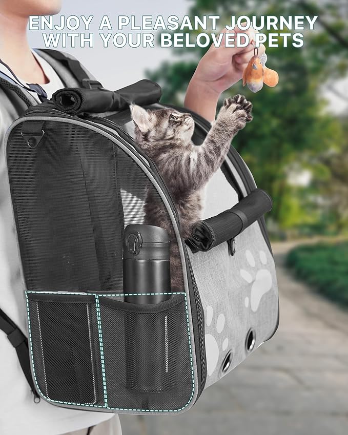 Cat Backpack Carrier with Comfort Handle, Ventilated Cat Backpack with Reflective Strips, Foldable Cat Carrying Backpack for Cats up to 17 lbs and Small Dogs up to 13 lbs(Grey).