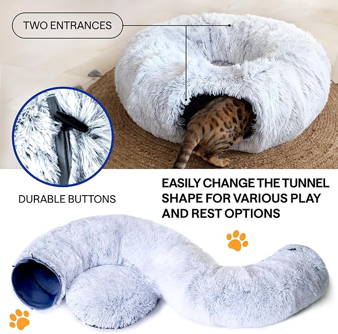 Cat Tunnel Bed with Cat Toys - Bed Donut Cave – XL Plush Circle Hideaway for Indoor Cats, 3-in-1 Foldable Play Tunnel & Cozy Bed, Gift-Ready House Under Christmas Tree