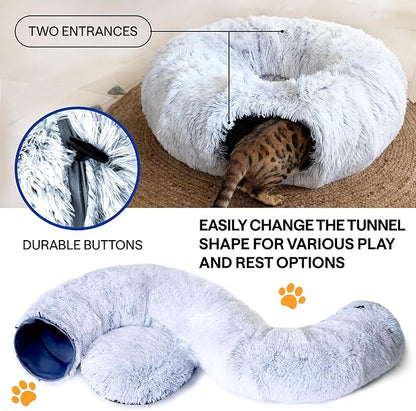Cat Tunnel Bed with Cat Toys - Bed Donut Cave – XL Plush Circle Hideaway for Indoor Cats, 3-in-1 Foldable Play Tunnel & Cozy Bed, Gift-Ready House Under Christmas Tree