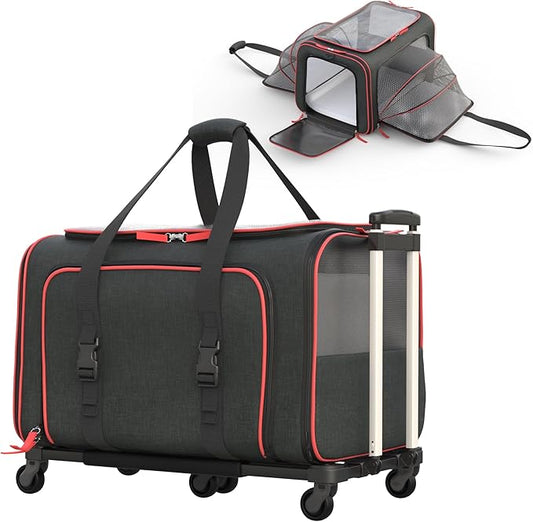 Katziela Rolling Rover Airline Compliant Expandable Premium Pet Carrier 6-Wheeled Baseboard Telescopic Handle Two-Sided Expandable Rolling Carrier Designed (Black- Red Piping)