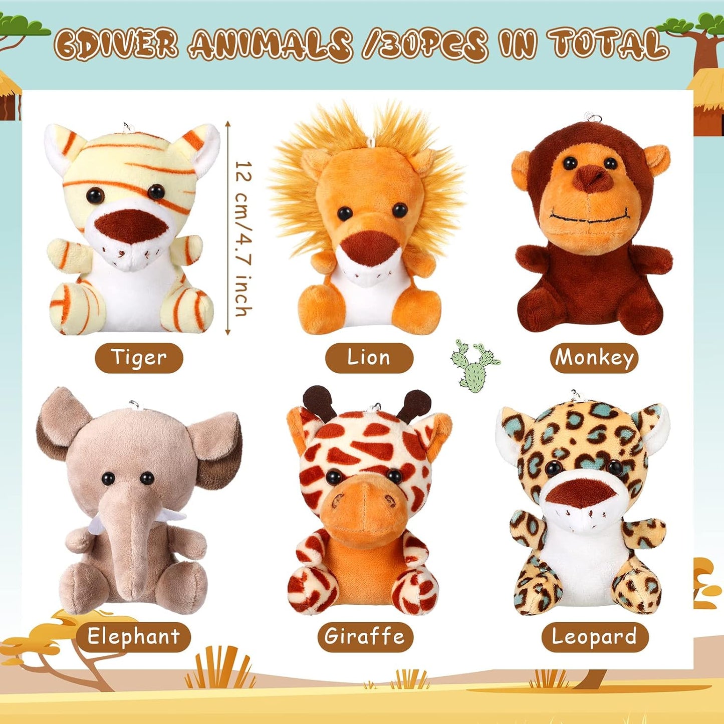 30 Pieces Small Stuffed Jungle Animals, Mini Stuffed Safari Animals Toys, 4.8 Inch Plush Lion Tiger, Elephant Giraffe Leopard Monkey for Baby Shower Safari Jungle Themed Party