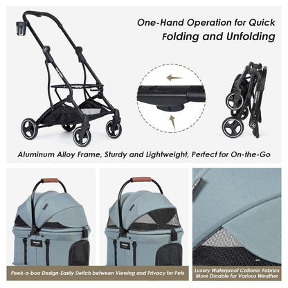 T3 3-in-1 Small Pet Stroller for Dog & Cats, 4 Wheels with Detachable Carrier with Pad, Canopy and Cup Holder (Green)