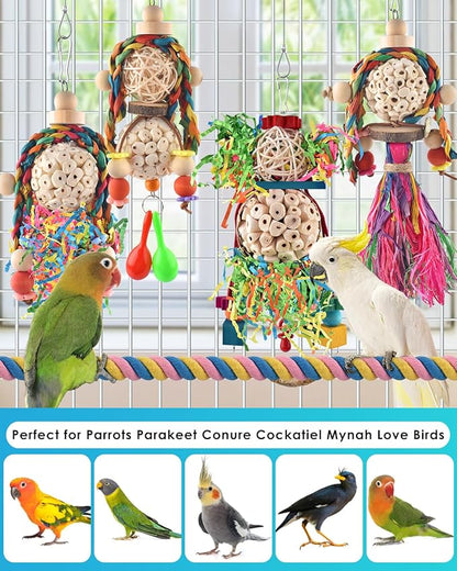 Bissap Conure Toys, 5 PCS Bird Foraging Shredder Hanging Swing Rope Perch Toys Sola Balls with Sand Hammer for Small Parrots Parakeets Conures Cockatiels Love Birds Cage Toy