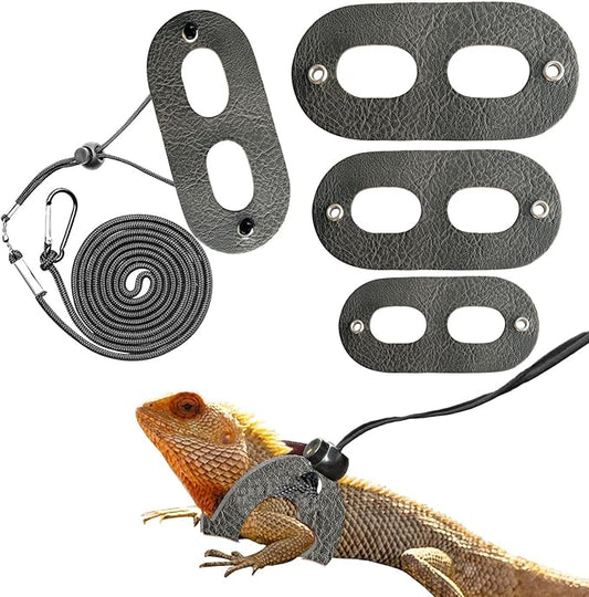 Lizard Adjustable Harness Leash,Bearded Dragon Harness Leash Set for Guinea Pig,Chameleon and Other Small Animal,Outdoor Used (Leather, Grey)