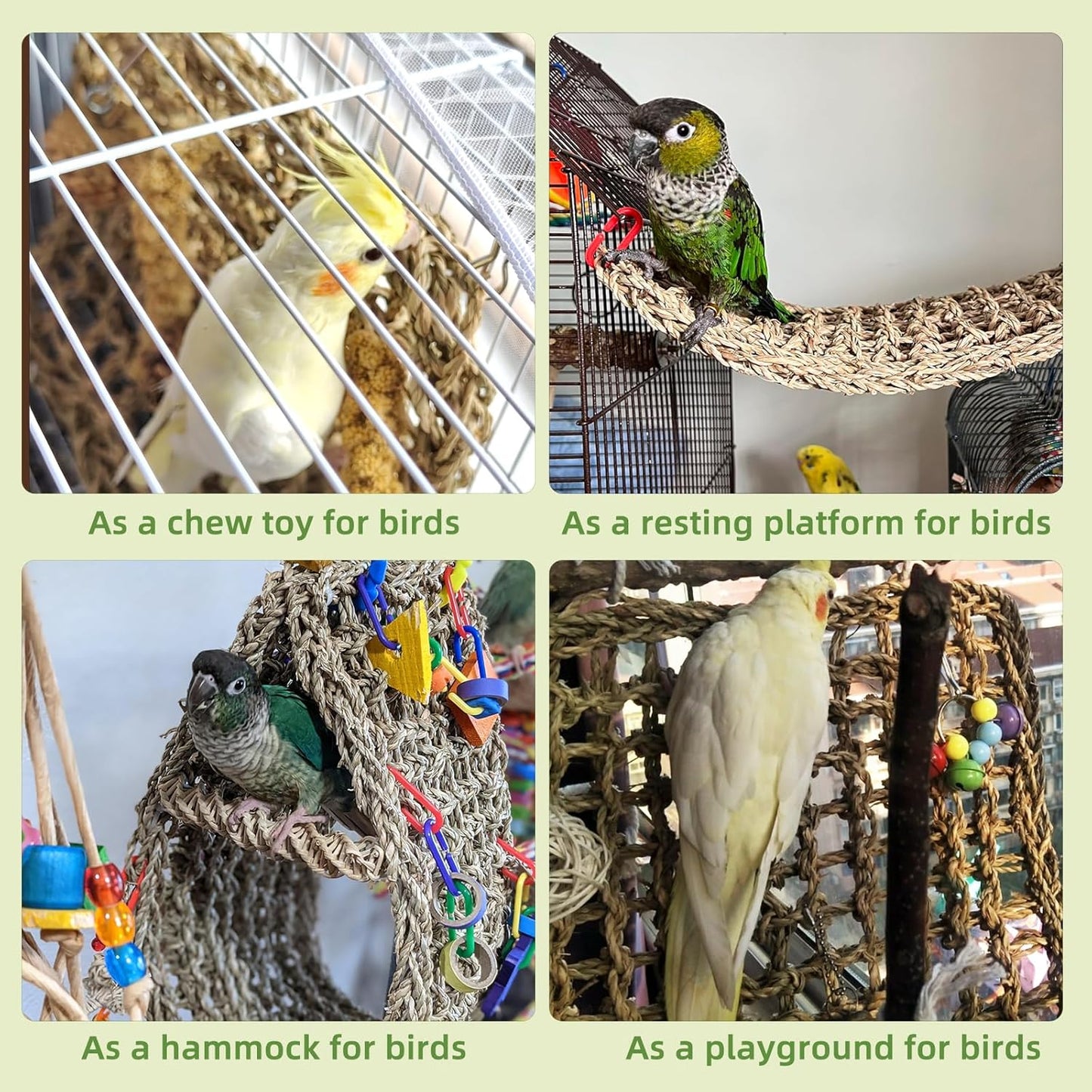 Bird Seagrass Mat 16 × 7" Parrot Natural Grass Woven Net Hammock Parakeet Climbing Rope Ladder Mat Chew Toys Cage Accessories for Pigeon Cockatiel Conure Budgie Cockatoo Rat Hamster