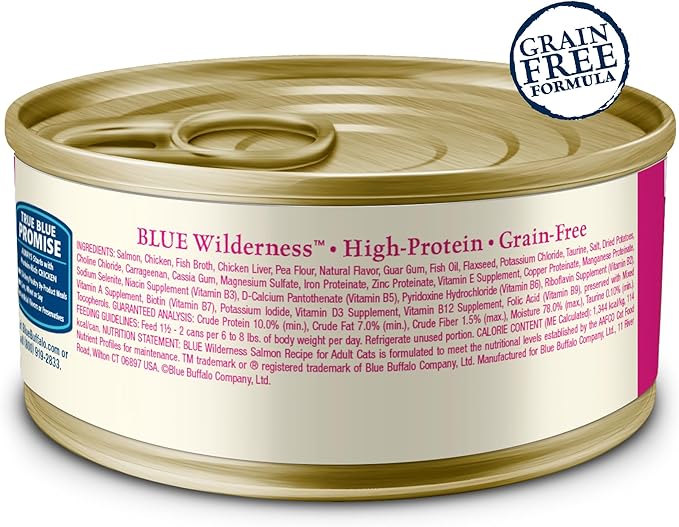 Blue Buffalo Wilderness Natural High-Protein Grain-Free Wet Food for Adult Cats, Salmon Paté, 3-oz. Cans, 24 Count