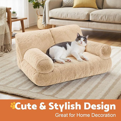 Gimars Upgrade Large Cat Bed for Indoor Cats -Added 10% More Stuff Sponge, Orthopedic Pet Couch Beds with Bolstered Edges, Fluffy Washable & Removable Cover, Anti Slip Base,Teak Milk Color